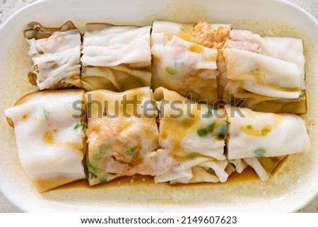 top view traditonal Cantonese food of cheong fun or rice noodle rolls horizontal composition
