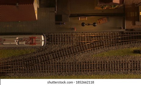 Top View Train On The Station. Miniature Railway Model.