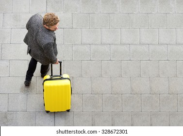 Top View Travel Man Walking With Suitcase