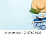 Top view travel or vacation concept. Composition with stylish beach accessories on colored background, top view. Beach fashion flat lay, summer concept. Trendy colors.