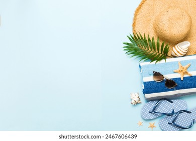 Top view travel or vacation concept. Composition with stylish beach accessories on colored background, top view. Beach fashion flat lay, summer concept. Trendy colors. - Powered by Shutterstock