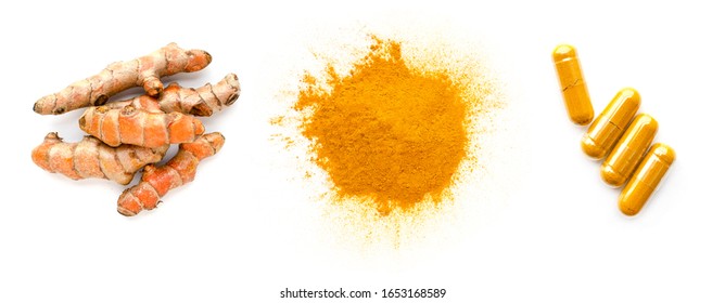 Top View Of Turmeric Or Curcumin Plant,powder,and Capsule Isolated On White Background,for Thai Herb Or Traditional Medicine Concept