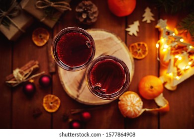 Top View Of Two Glasses Of Hot Mulled Wine On Christmas Table, Soft Focus