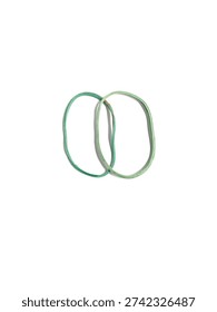 Top view of two interlinked green rubber bands for office and household use, isolated on white background