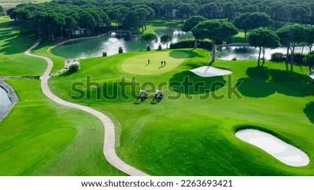 Top view of two men playing golf on a sunny summer day. Aerial view of the green golf course. Hitting the ball with a golf stick. An active type of recreation. Golf car