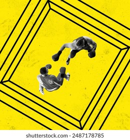 Top view of two muscular men, boxing athletes fighting on abstract yellow ring. Contemporary art collage. Concept of sport, competition, motivation, dynamics. Ad - Powered by Shutterstock