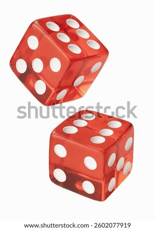 Top view of two red dices, highest score isolated on white background.	