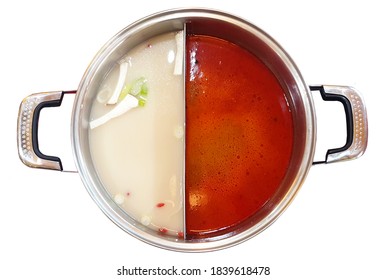 Top View Of Two Ways, White Chicken Herb Soup And Mala Spicy Energy Soup Base Shabu Shabu, Sukiyaki In Hotpot, Isolated On White Background