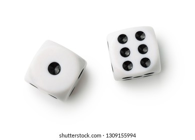 Top view of two white dices isolated on white