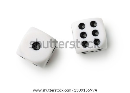 Top view of two white dices isolated on white