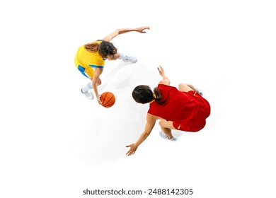 Top view of two women, basketball players in red and yellow uniform playing isolated on white studio background. Focused. Concept of sport, active lifestyle, competition, game, dynamics - Powered by Shutterstock