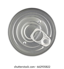 Top View Of An Unopened Soup Can With A Pull Tab Isolated On A White Background.