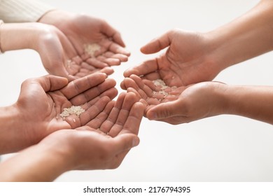 Top View Of Unrecognizable People With Small Amount Of Rice Grains In Their Hands Asking For Food Or For Money, Cropped Of Poor Family Begging, Showing Bare Handfulls, White Background