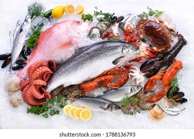 Top View Of Variety Of Fresh Fish And Seafood On Ice