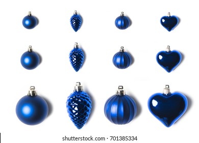 Top View Of Various Arranged Blue Christmas Toys Isolated On White