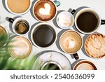 Top view of various of coffee cups, showcasing different coffee menu. Enjoy the rich coffee flavors in these artistic coffee cups.