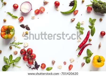 top view of various fresh vegetables and herbs isolated on white