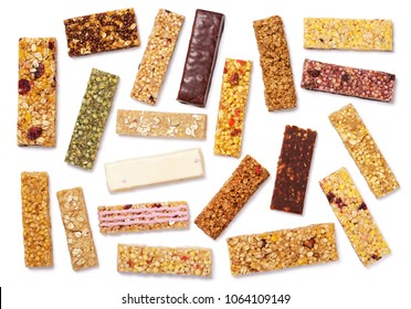 Top View Of Various Healthy Granola Bars (muesli Or Cereal Bar). Set Of Protein Bar Isolated On White Background