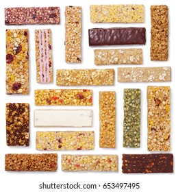 Top View Of Various Healthy Granola Bars (muesli Or Cereal Bar). Square Set Of Protein Bar Isolated On White Background