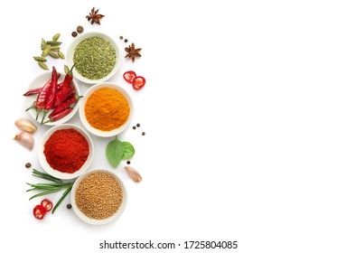 Top view of various spices in bowls isolated on white background. Copy space. - Shutterstock ID 1725804085