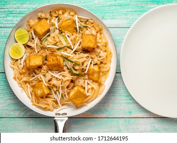 Top View Vegan Pad Thai With Tofu On Pan