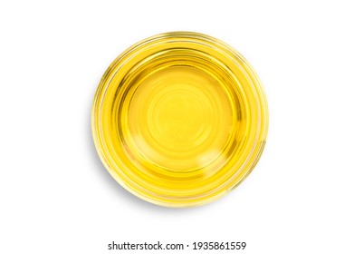 Top View Vegetable Cooking Oil In Glass Bowl Isolated On White Background.