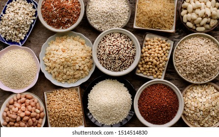 Top view of veriety natural organic cereal and grain seed for healthy food ingredient or agricultural product concept