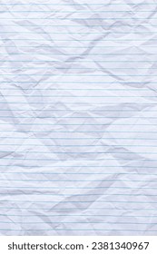 Top view vertical empty rumpled lined paper with wrinkled. Notebook lined paper background and texture.