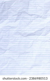 Top view vertical empty rumpled lined paper with wrinkled. Notebook lined paper background and texture.