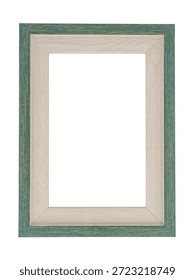 Top view vertical, rectangular old green wooden picture frame mockup, vintage style, an concept for displaying posters, photos, painting or gallery on the wall, isolated object on white background.