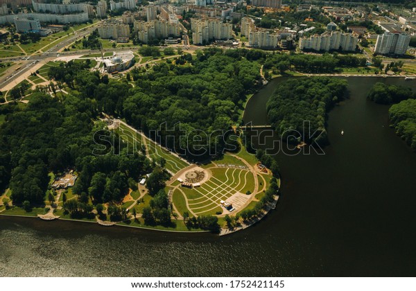 Top view of the victory Park in Minsk and\
the Svisloch river.A bird\'s-eye view of the city of Minsk and the\
Park complex.Belarus