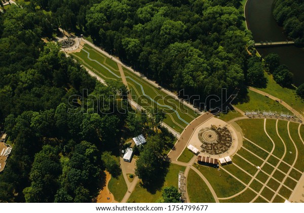 Top view of the victory Park in Minsk and\
the Svisloch river.A bird\'s-eye view of the city of Minsk and the\
Park complex.Belarus