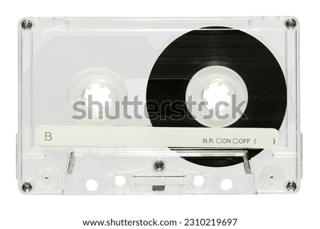 Top view of vintage audio cassette with tape and inscription isolated on white background