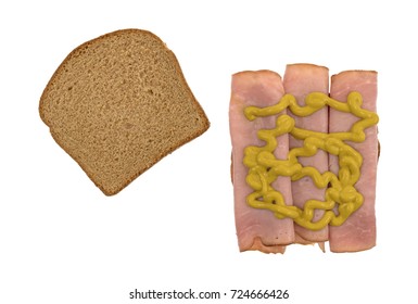 Top View Of A Virginia Ham Sandwich On Wheat Bread With Mustard Plus A Slice To The Side Isolated On A White Background.