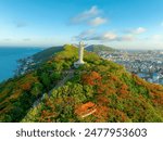 Top view of Vung Tau with statue of Jesus Christ on Mountain . the most popular local place. Christ the King, a statue of Jesus. Travel concept.