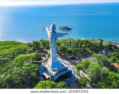 Top view of Vung Tau with statue of Jesus Christ on Mountain with Hon Ba temple and Nghinh Phong Cape. the most popular local place. Christ the King, a statue of Jesus. Travel concept.
