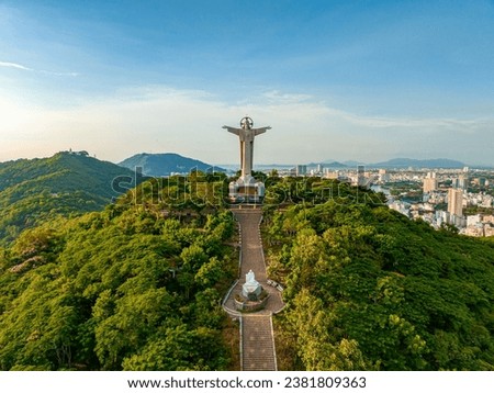 Top view of Vung Tau with statue of Jesus Christ on Mountain . the most popular local place. Christ the King, a statue of Jesus. Travel concept.