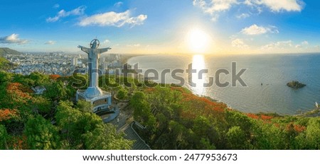 Top view of Vung Tau with statue of Jesus Christ on Mountain . the most popular local place. Christ the King, a statue of Jesus. Travel concept.