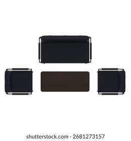 Top view of walnut table with 2 seater and 1 seater sofas, black cushions.