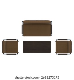 Top view of walnut table with 2 seater and 1 seater sofas, brown cushions.