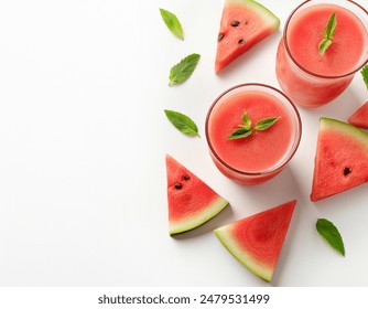 Top view of a Watermelon smoothie on white table, summer drink, food blog, watermelon slices, cocktail - Powered by Shutterstock