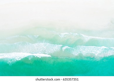 Top View Of Waves On White Sand Beach, Aerial Drone Shot