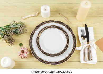 Top view of a wedding table setting with decorations - Shutterstock ID 1501209521