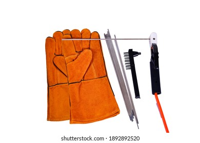 Top View Welding Tools Including Equipment Tools, Welding Glove Isolated On White Background