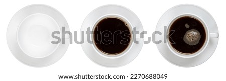 top view of white coffee cup, mug with hot black coffee isolated design element. flat lay
