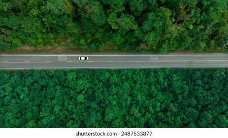 Top view of a white electric car driving  dark green forest road, which is an elevated road that surrounds natural forest. Concept of using electric cars to protect the environment and transportation.