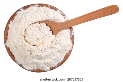 Top view of white flour in a wooden bowl with spoon on a white background  - Powered by Shutterstock