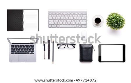 top view of White office desk table with a lot of things on it.