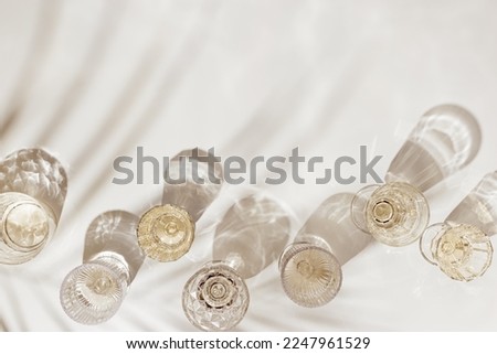 Top view white sparkling wine in different glasses of wine, stemmed glass with sun shadow palm leaf on light beige background. White wine tasting concept flat lay, copy space. Summer alcoholic drinks
