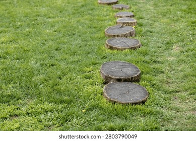 A top view of a winding path made of round wooden logs laid on a lush green lawn. This simple landscaping feature is perfect for outdoor design, garden concepts, park decoration, and nature walkways.